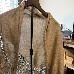 Beige Knit Shawl with Fringe
